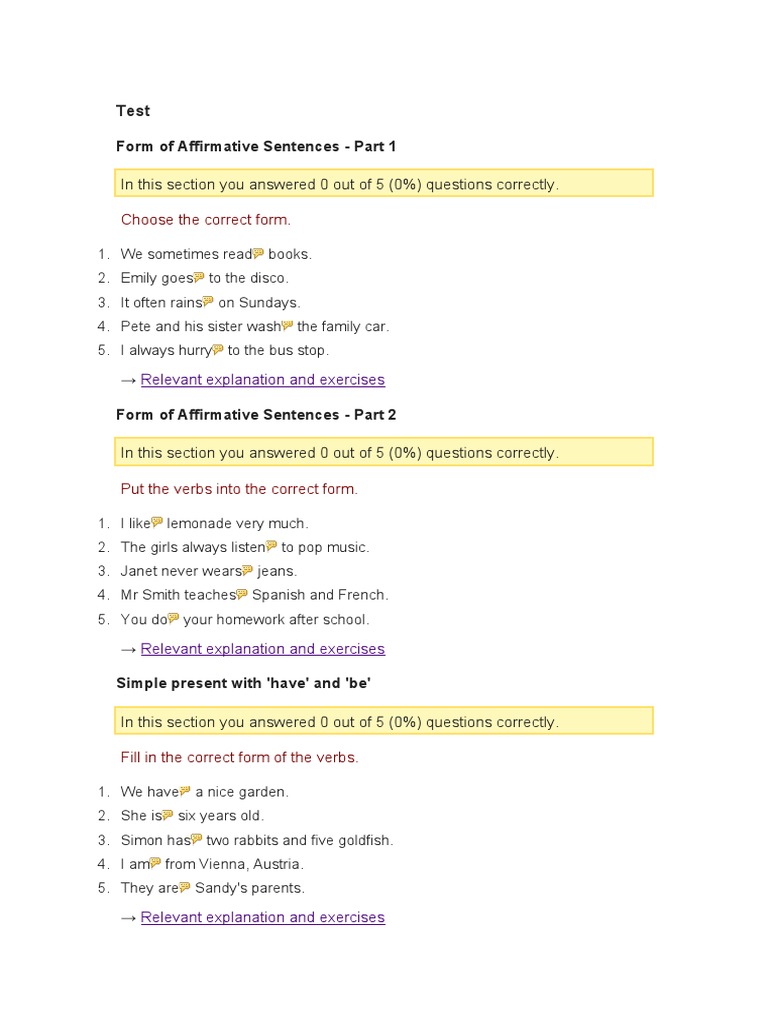 Form of Affirmative Sentences - Part 1: in This Section You Answered 0 ...
