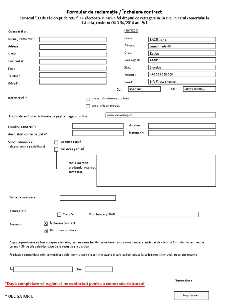 Formular Retur Sau Reclamatie | PDF