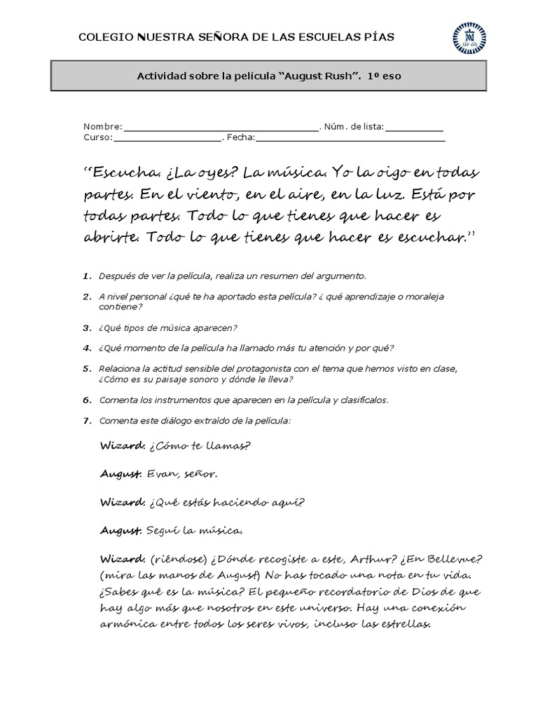 Actividad august rush 1 eso pdf