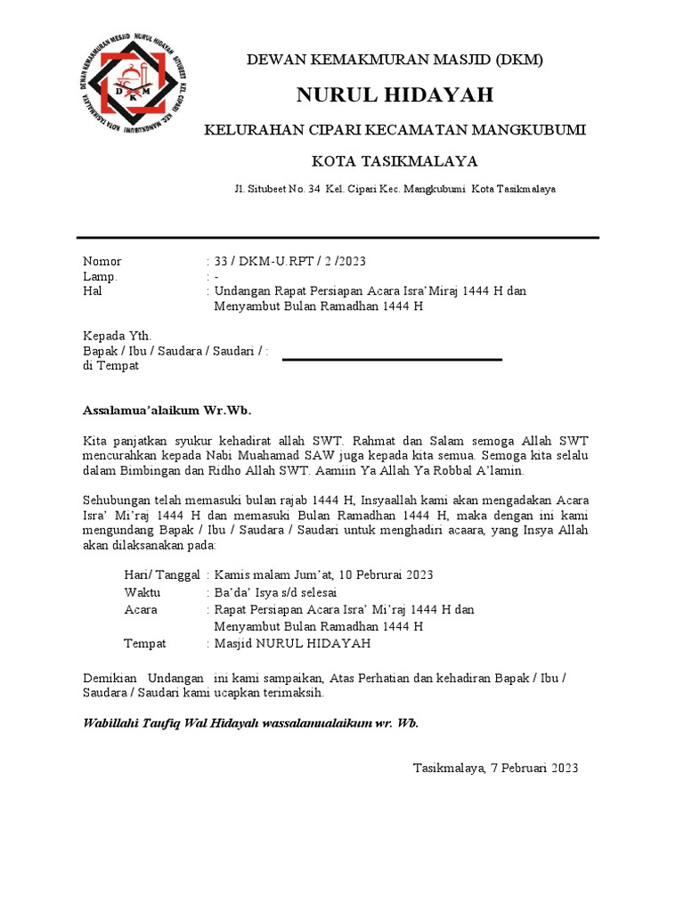 Surat_Undangan_Rapat_Persiapan_Isra'Mi'raj 2023 | PDF