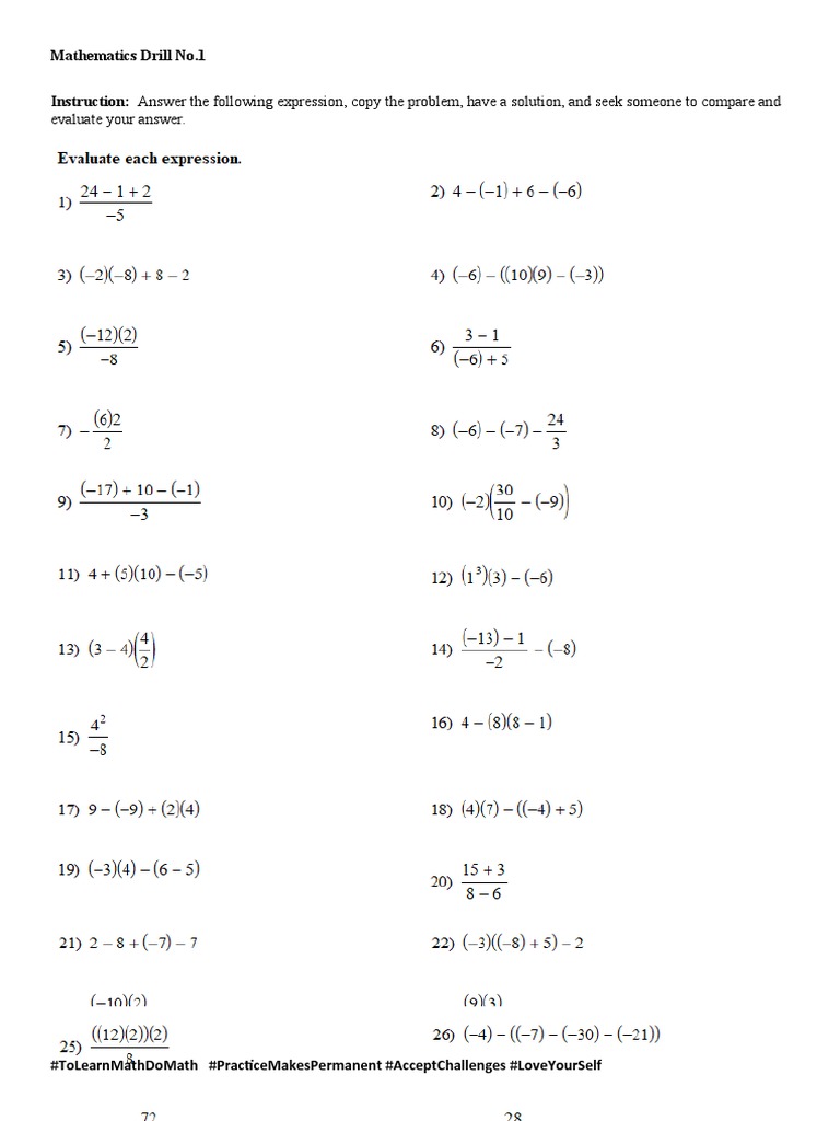 Mathematics Drill Practice Exercise | PDF