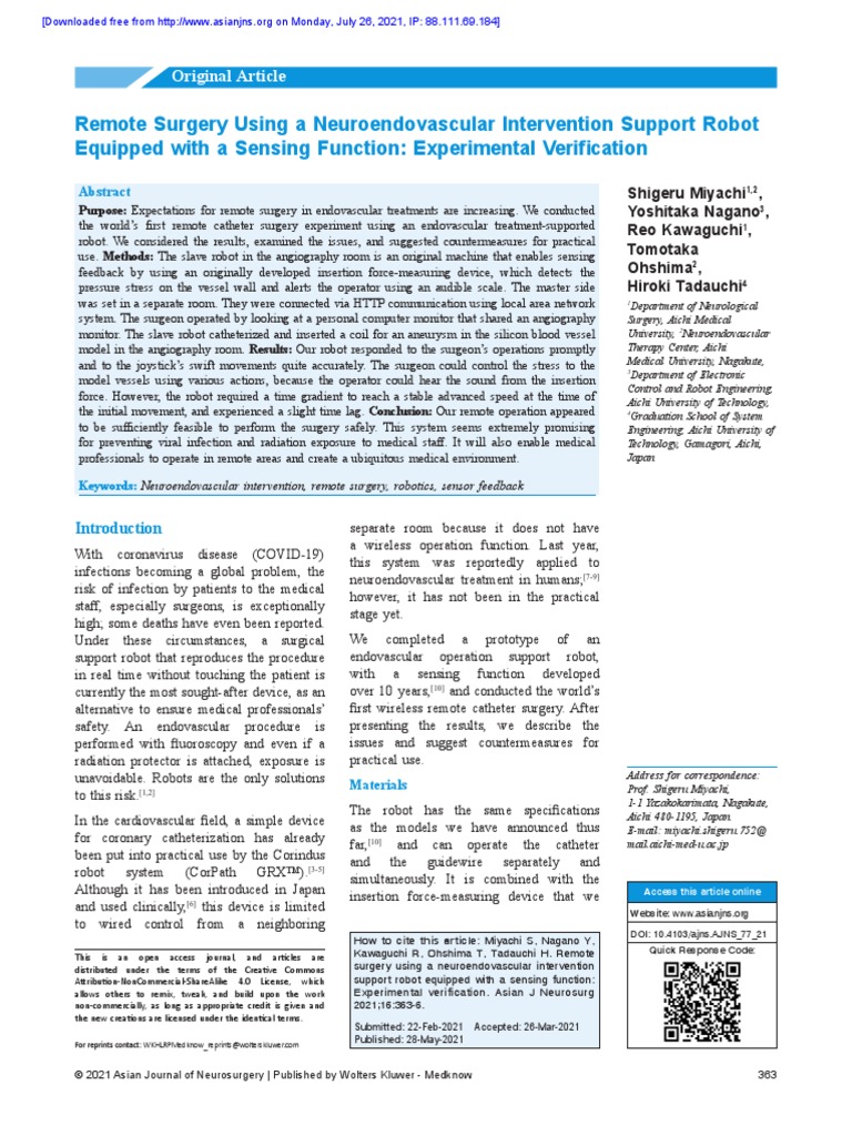 Remote Surgery Using A Neuroendovascular Intervent | PDF ...