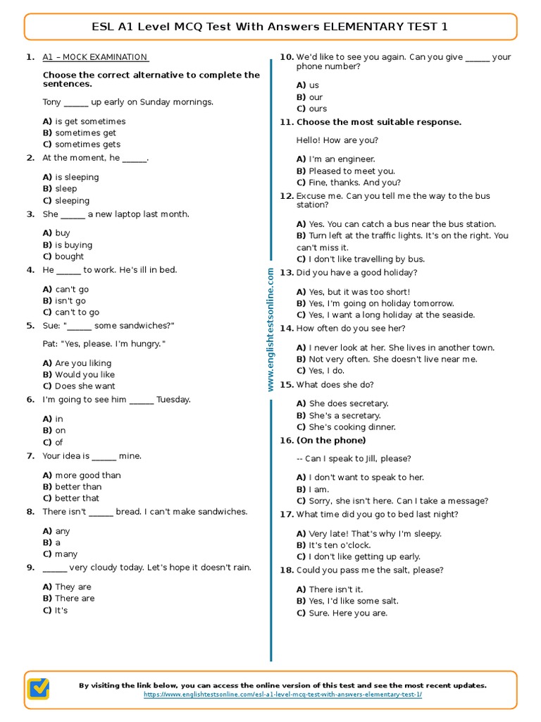 A1 Level English MCQ Test | PDF | Multiple Choice