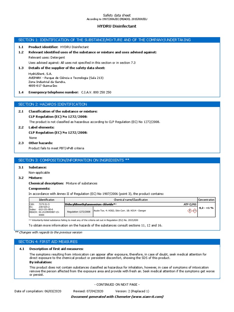 Safety Data Sheet of HYDRU Disinfectant | PDF | Dangerous Goods | Toxicity
