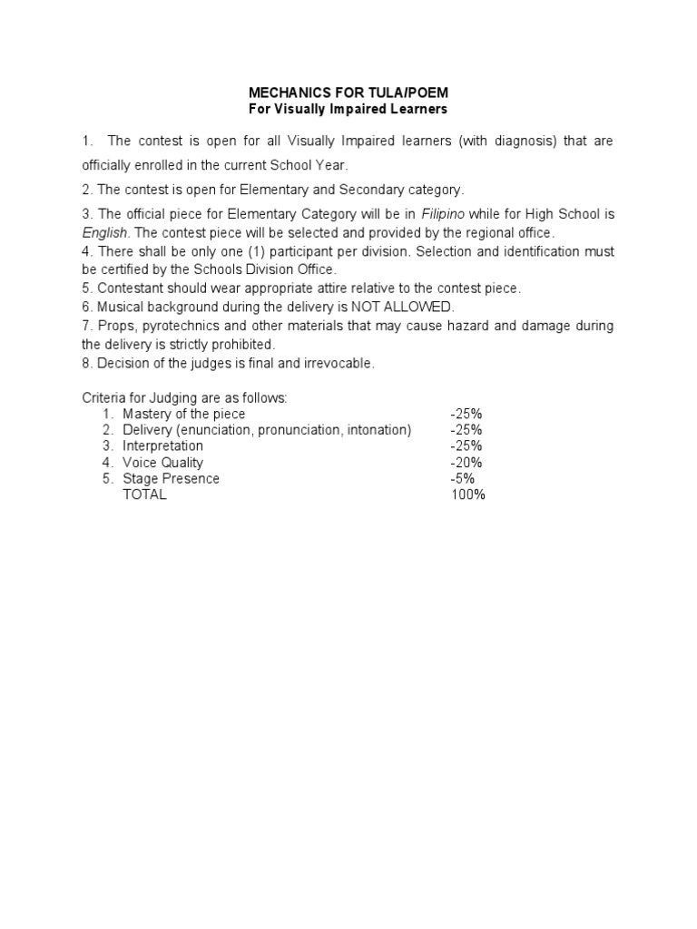 Tula Contest Mechanics for Visually Impaired | PDF