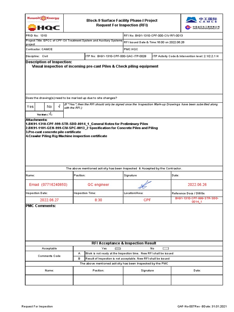 Visual Inspection RFI for Piles | PDF | Quality | Evaluation