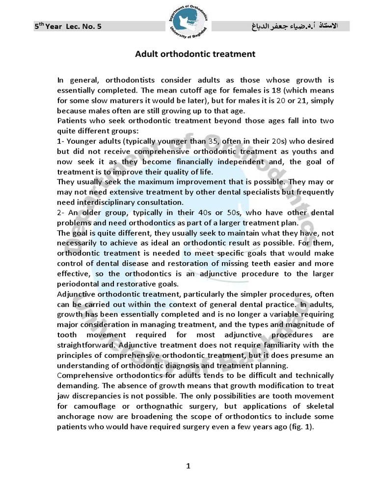 Adult Orthodontic Treatment Overview | PDF | Orthodontics | Periodontology