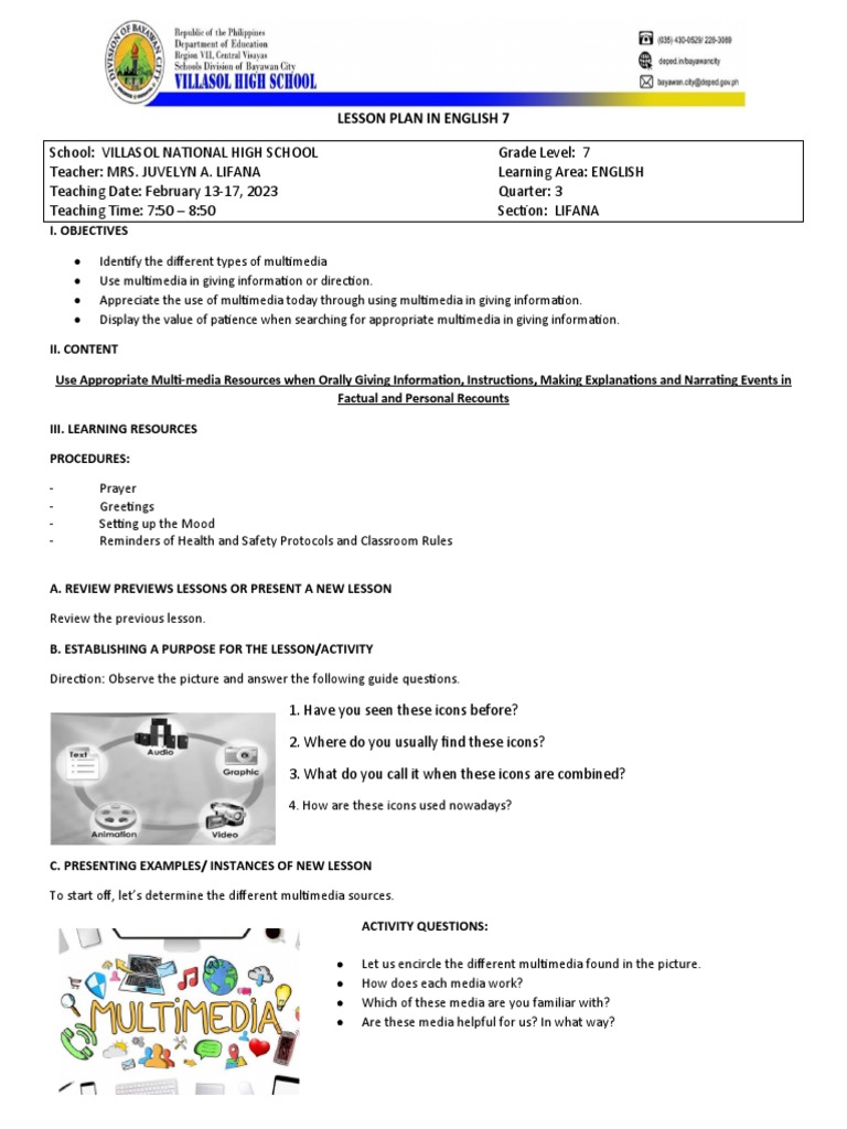 Multimedia Lesson Plan for English 7 | PDF | Multimedia | Media ...