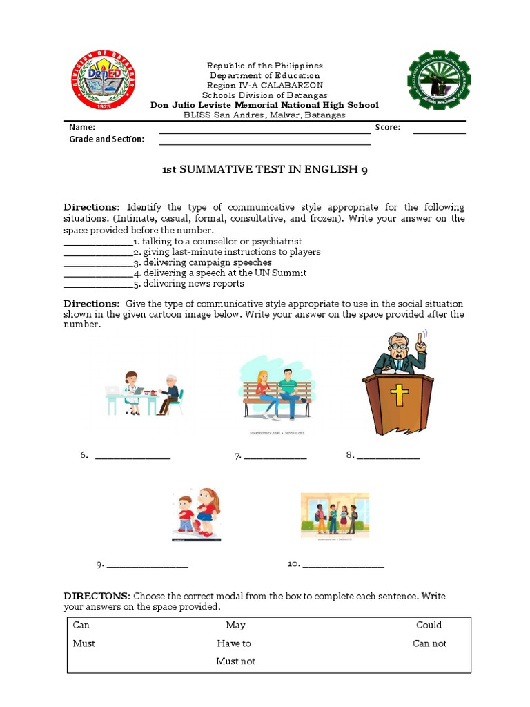Don Julio Leviste Memorial National High School 1st Summative Test in ...