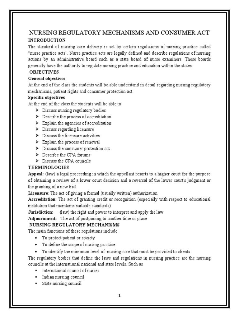 Nursing Regulatory Mechanisms&consumer actXII PDF