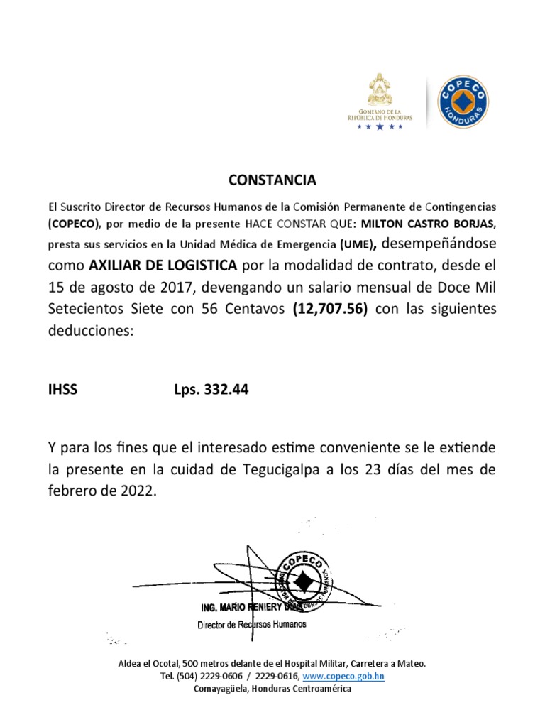 Constancia Laboral de COPECO | PDF