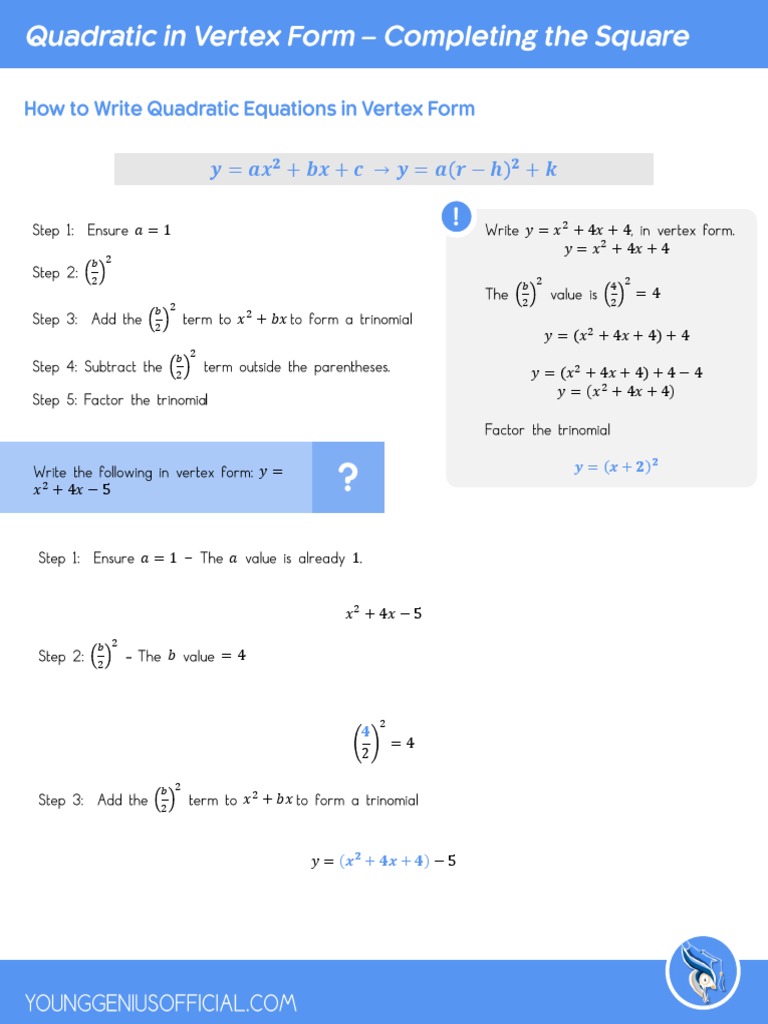 Quadratic Equations Written in Vertex Form - Completing The Square ...