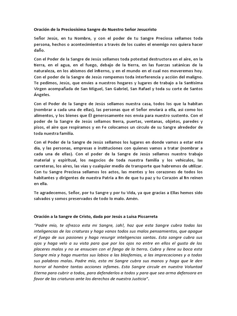 Oraciones de La Preciosísima Sangre de Nuestro Señor Jesucristo | PDF ...