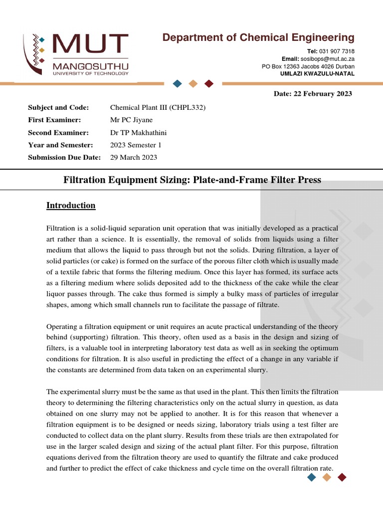 Chemical Plant Iii Assignment 1 2023 Pdf Filtration Glycerol