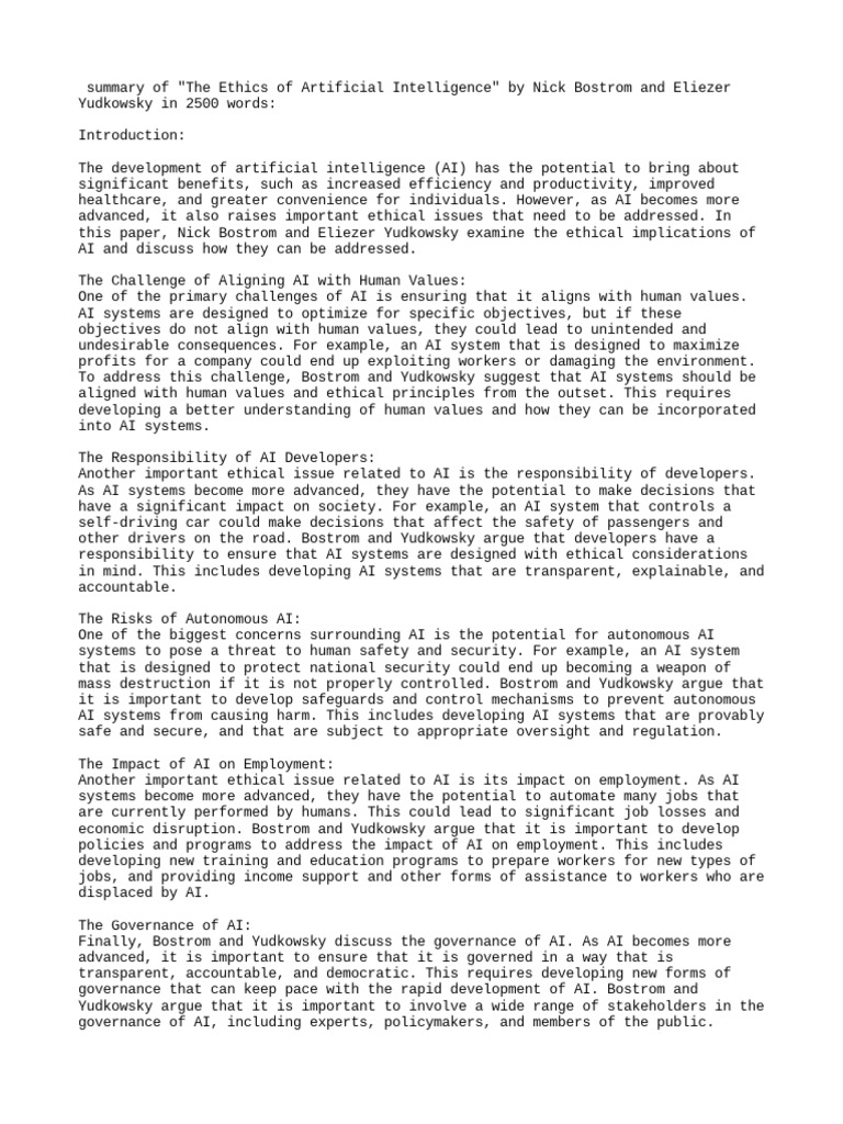Summary of "The Ethics of Artificial Intelligence" by Nick Bostrom and