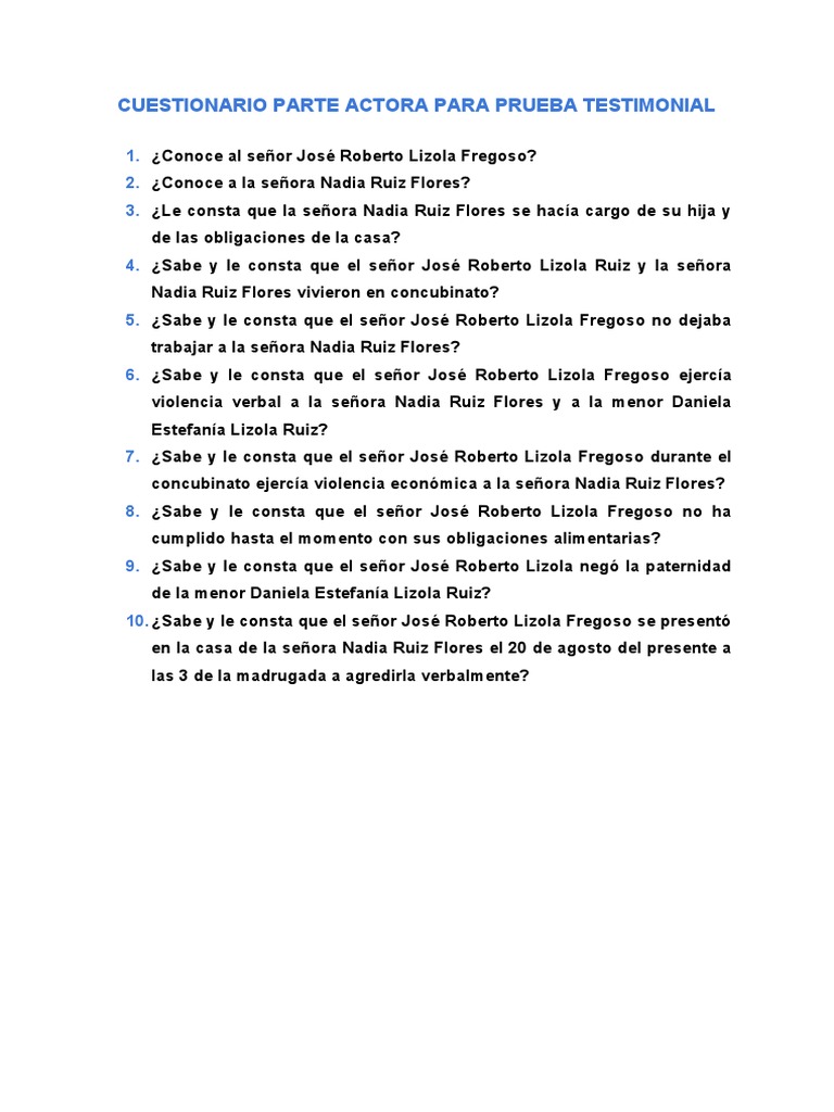 Ejemplo Cuestionario Parte Actora para Prueba Testimonial | PDF