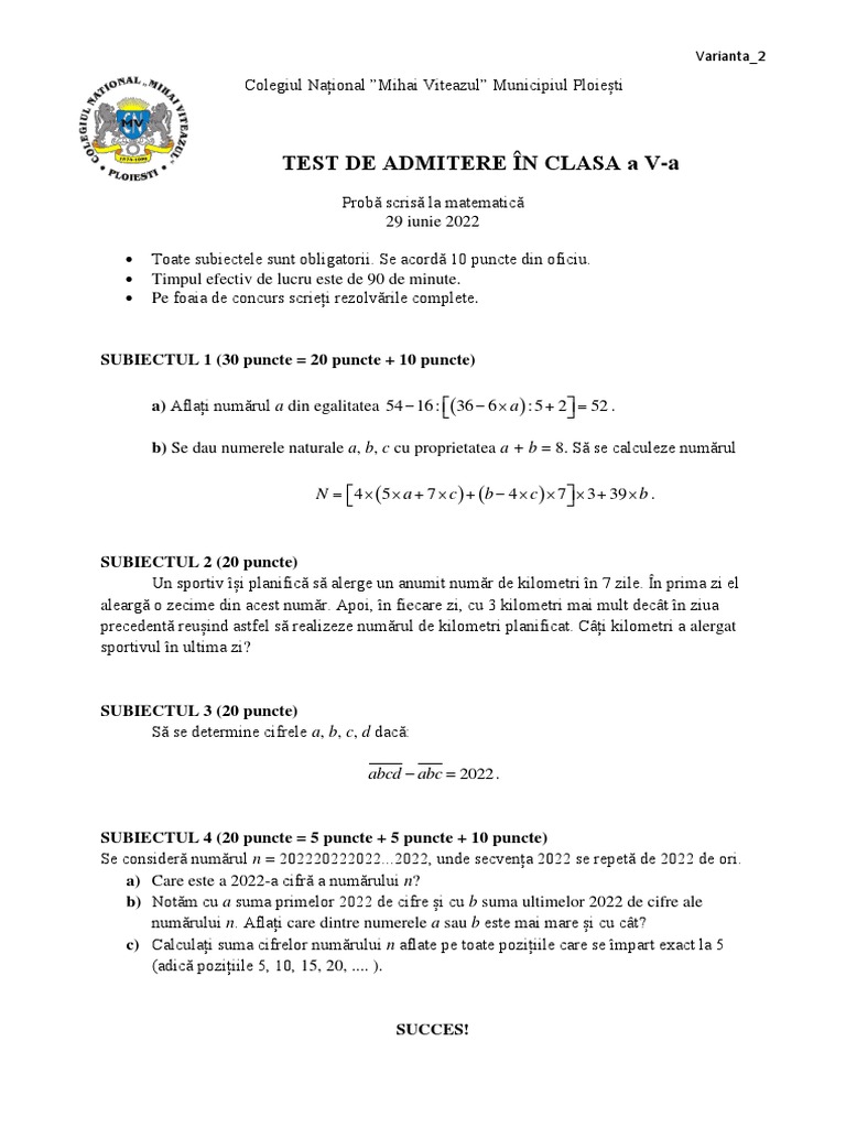 Subiect Mate 2022 | PDF