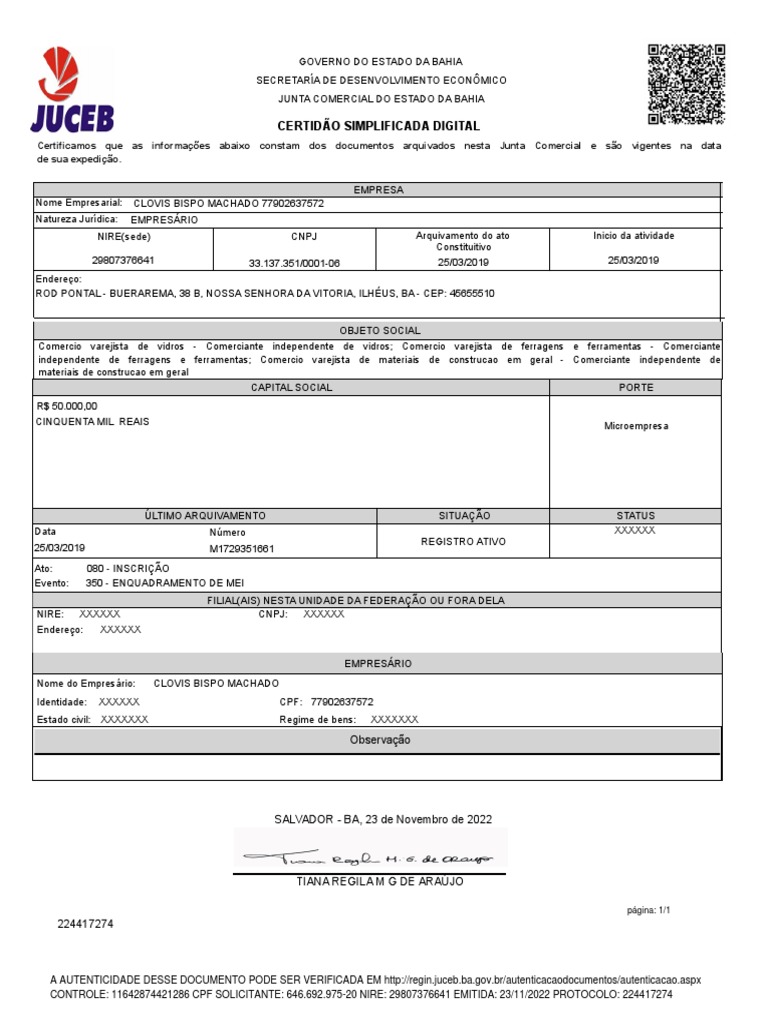Certidão Simplificada Digital De Empresa De Comércio Varejista Na Bahia