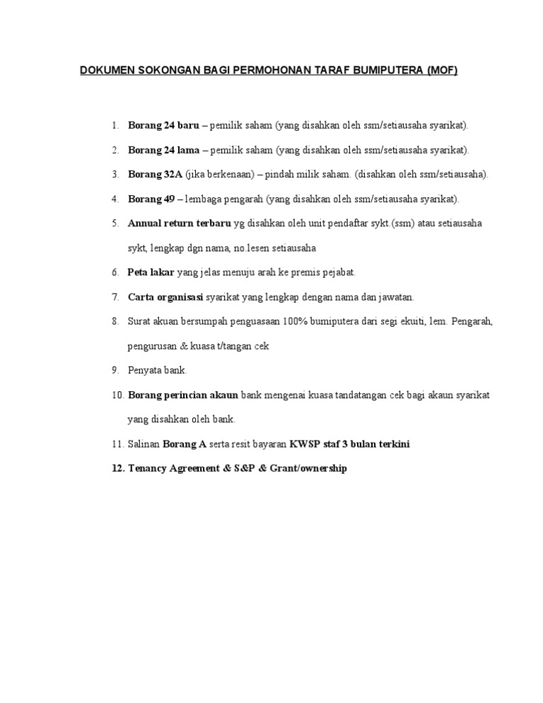 Mof Bumiputera Mof Checklist Mohon Bumi Sahaja Pdf