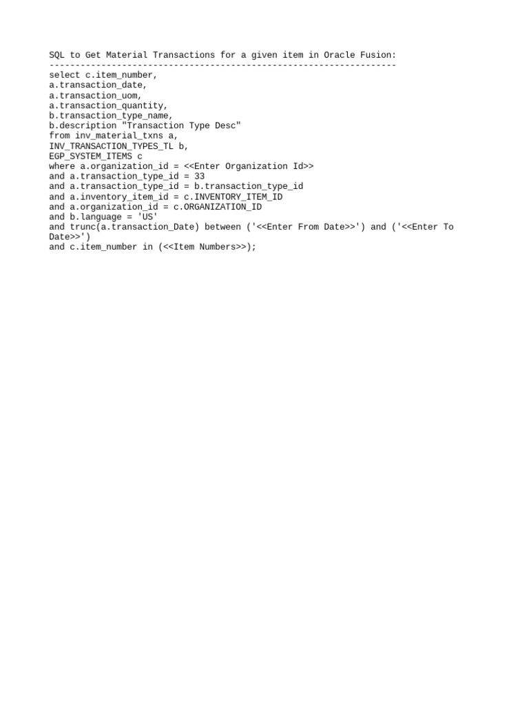 SQL for Material Transactions in Oracle | PDF