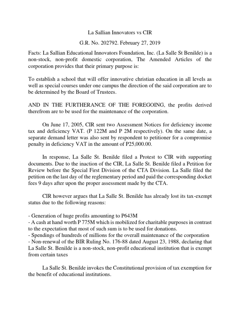 CIR Vs La Salle PDF Taxes Tax Exemption