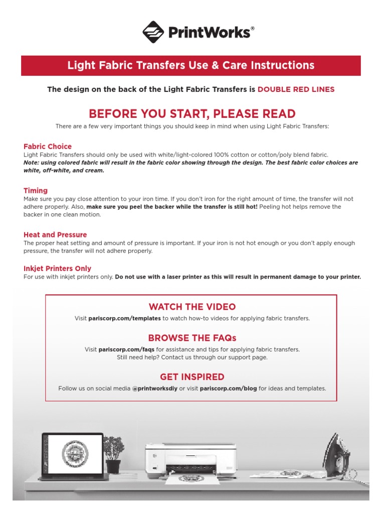 Light Fabric Transfer Instructions PDF Printer Paper
