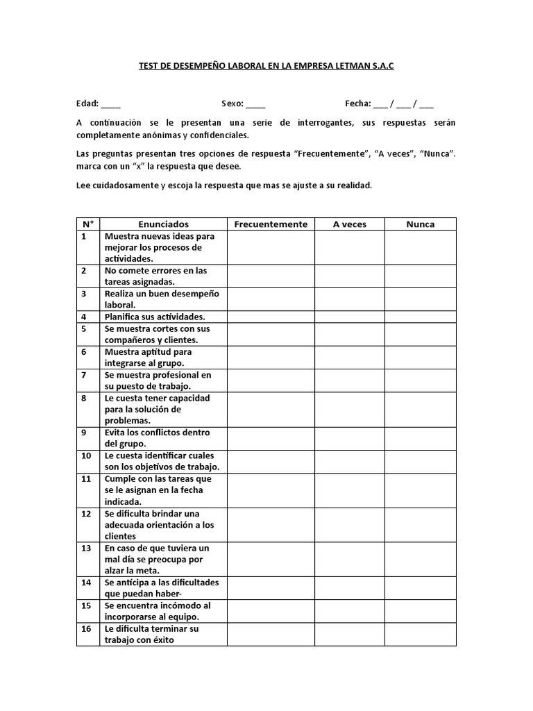 Evaluación Desempeño Letman S.A.C | PDF | Crecimiento personal y ...