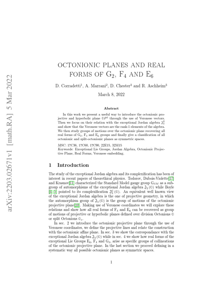 Octonionic Planes and Real Forms of G2, F4 and E6 | PDF | Plane ...