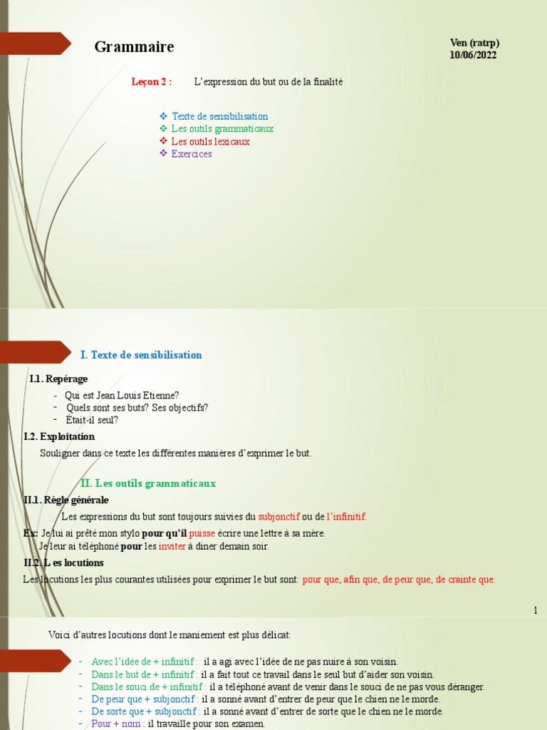 Expression du but en grammaire française | PDF | Syntaxe | Mécanique du ...