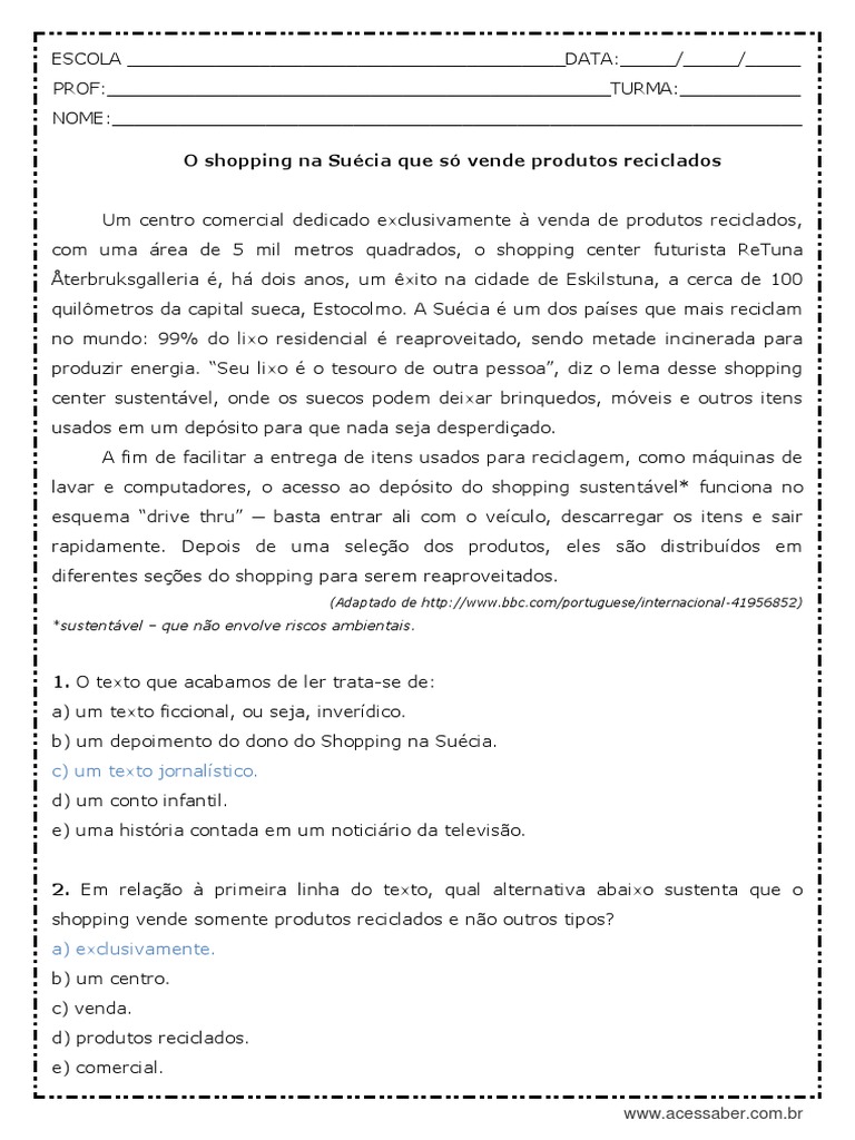 Atividade de Português Interpretação de Texto Lixo Reciclado Com ...