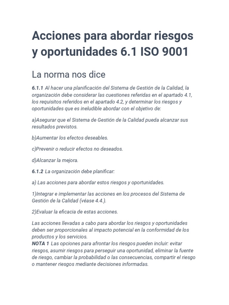 Acciones para Riesgos y Oportunidades ISO 9001 | PDF | Gestión de la ...