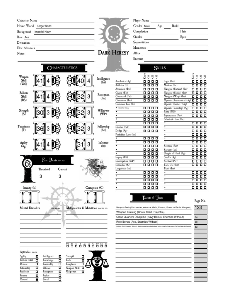 Dark Heresy Character Sheet - Ace Character (Unfinished) | PDF
