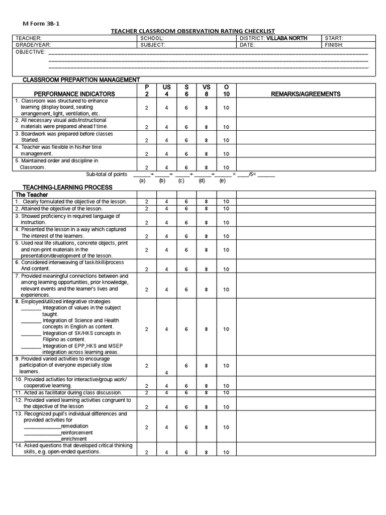 Teacher Classroom Observation Rating Checklist | PDF | Learning | Teachers