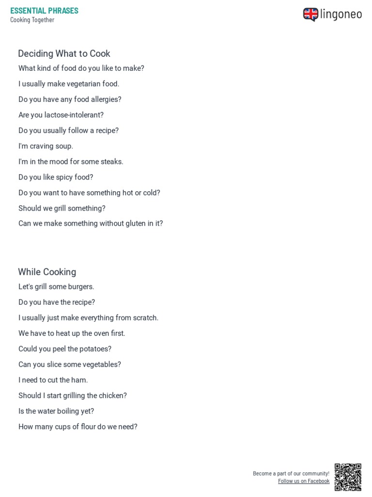 Cooking Phrases for Recipe Discussions | PDF