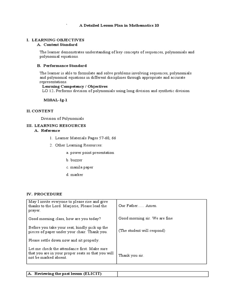 Division of Polynomials Lesson Plan | PDF | Division (Mathematics ...