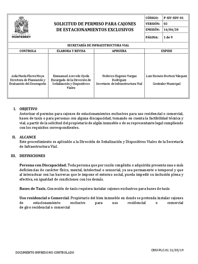 PSIVSDV01 Solicitud de Permiso para Cajones de Estacionamientos