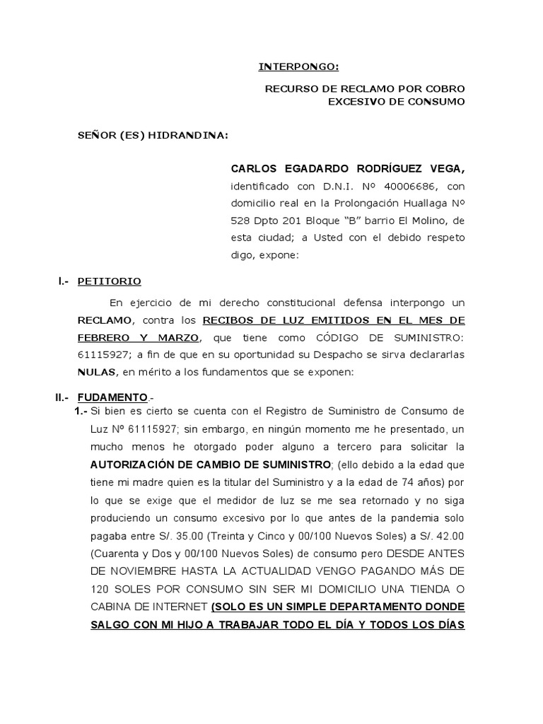 Reclamo por Cobro Excesivo de Luz | PDF | Finanzas y dinero | Hogar ...