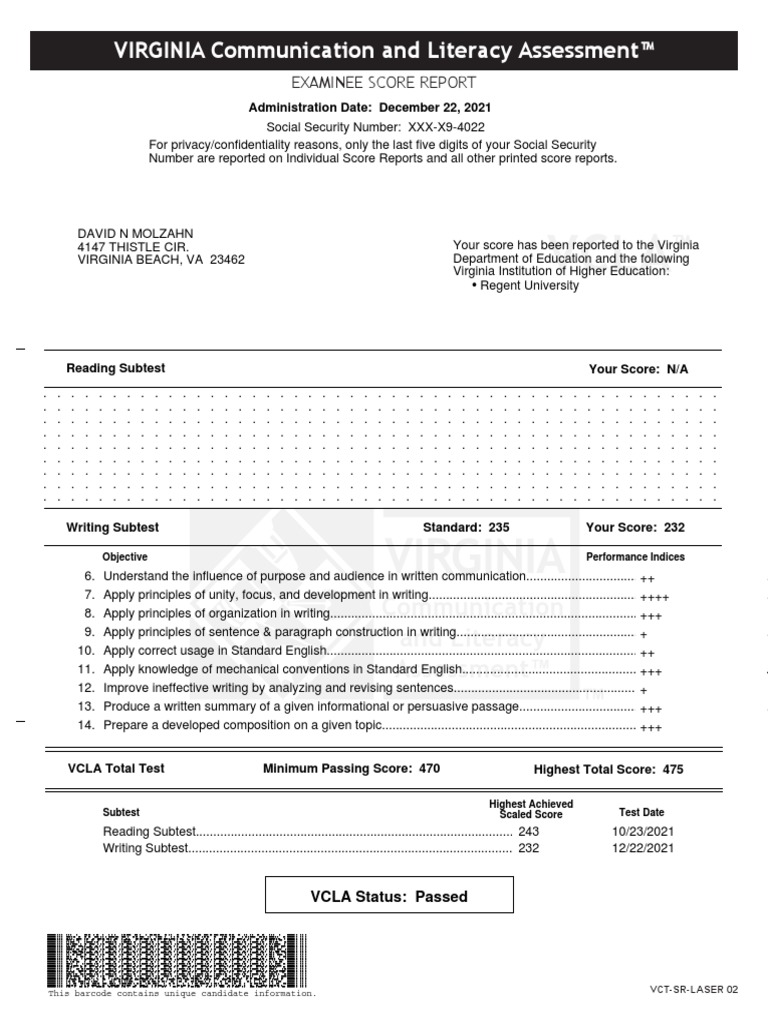 Vcla Test Score Writing PDF Multiple Choice Cognition
