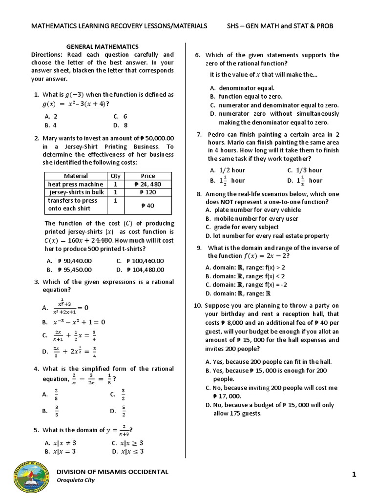 G12 Math LRL Review Material GM Statprob | PDF | Weighted Arithmetic ...