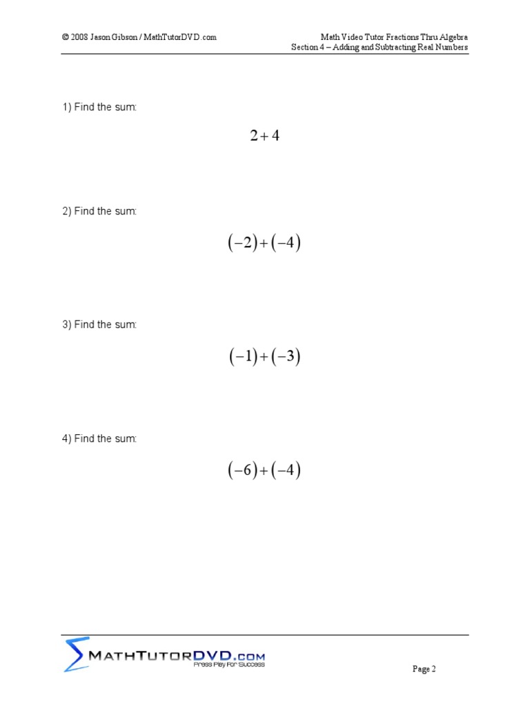 F math video tutor fractions thru algebra worksheet 4 add and