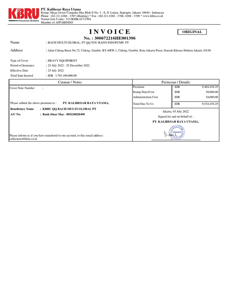 Heavy Equipment Insurance Invoice | PDF