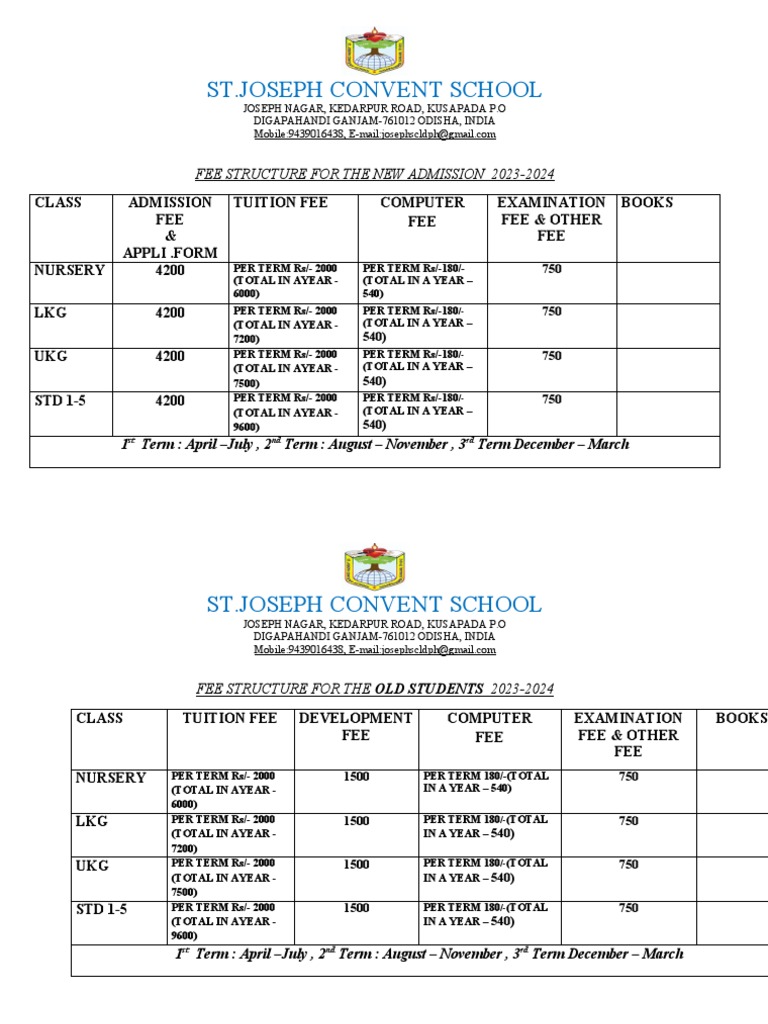 ST - Joseph Convent School: Fee Structure For The New Admission 2023 ...