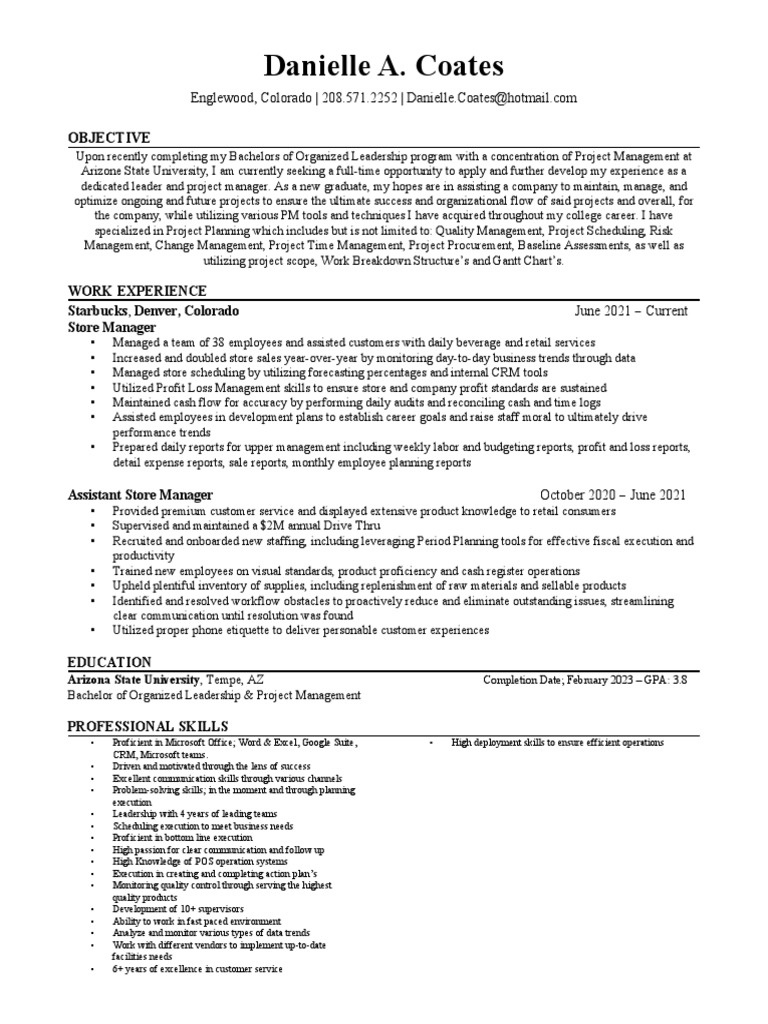 Danielle Coates Resume Pdf Project Management Customer