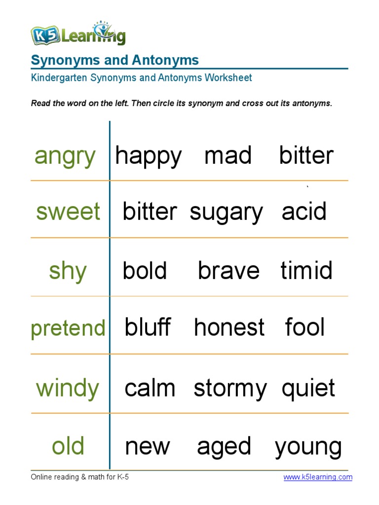Kindergarten Synonyms Antonyms Circle Cross Words 6 PDF