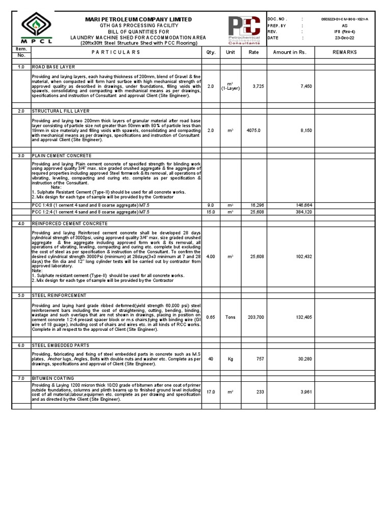 BOQ for Gas Processing Facility | PDF | Concrete | Reinforced Concrete