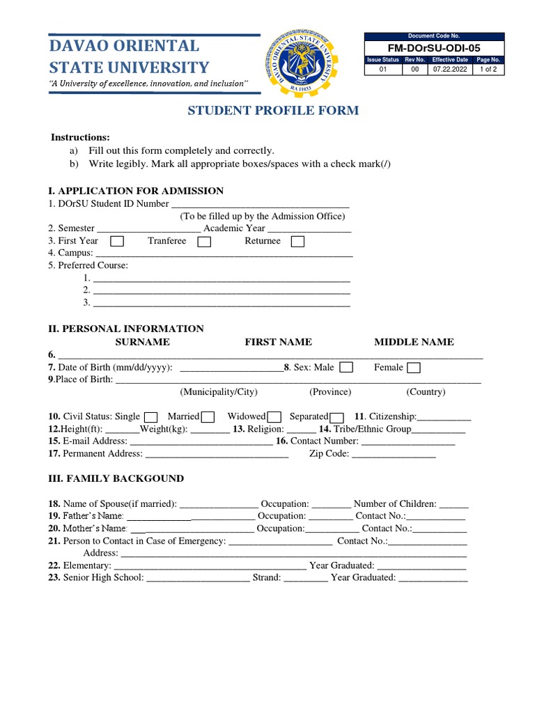 FM DOrSU ODI 05 Student Profile Form | PDF | Justice | Crime & Violence