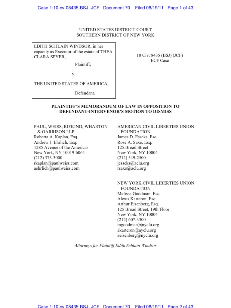 Opposition to DOMA Dismissal Motion | PDF | Defense Of Marriage Act ...