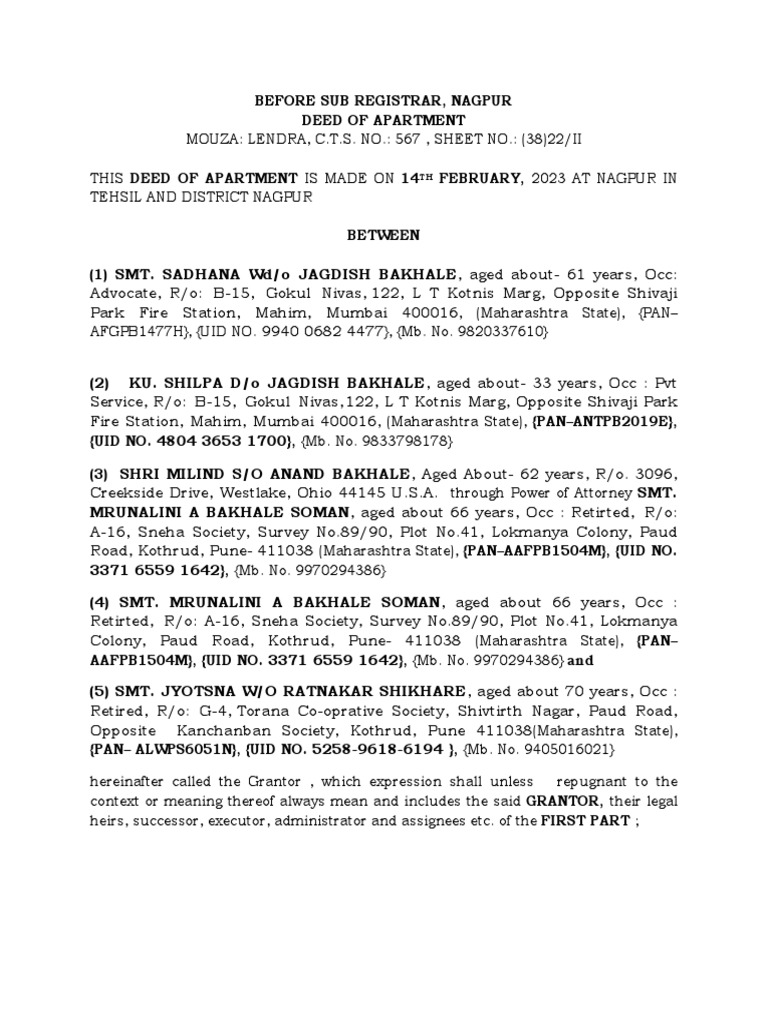 Deed Of Apartment Meaning In Marathi With Example