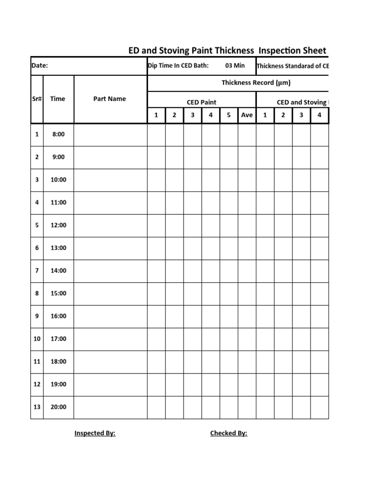 ED and Stoving Paint Thickness Inspection Sheet Date Thickness Record