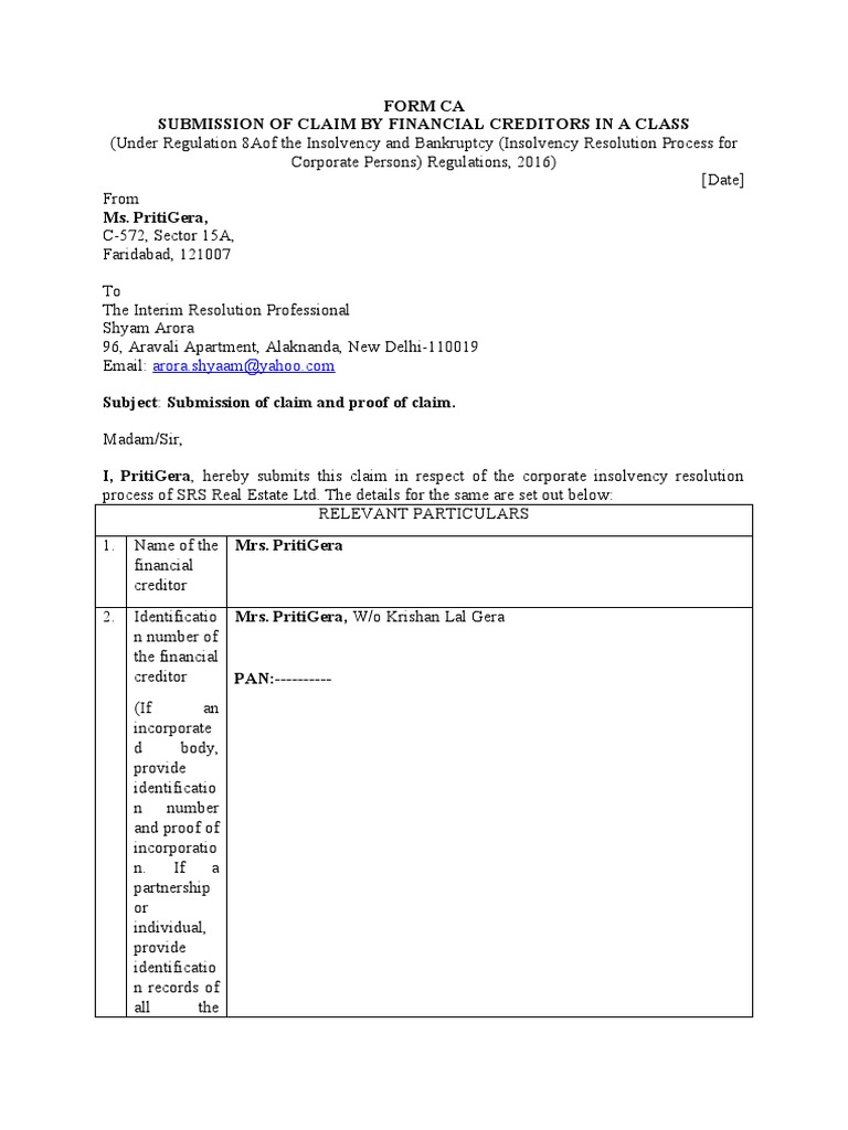 Claim Submission by Financial Creditor | PDF | Bankruptcy | Contractual ...